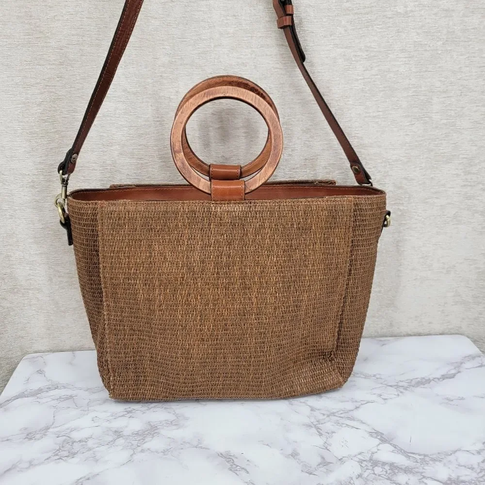 Patricia Nash Mariola Raffia Tote Bag in Tobacco Brown Woven Handbag Crossbody